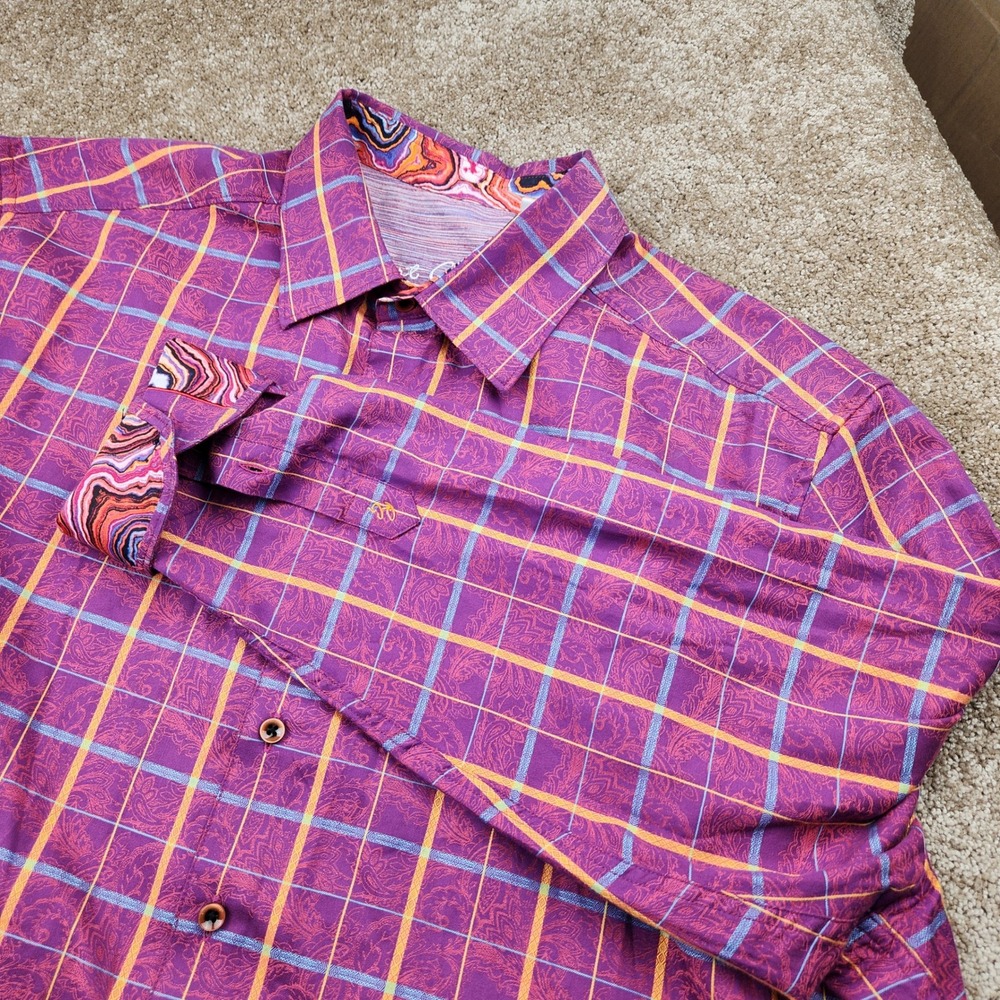 Robert Graham Mens 1XL Purple Plaid Paisley Long Sleeve Button Shirt‎ Flip Cuff